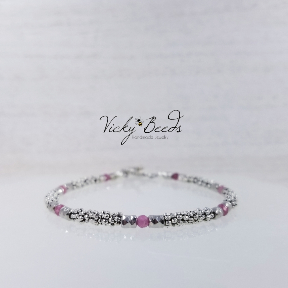 Pink Tourmaline & Silver Beaded Toggle Bracelet